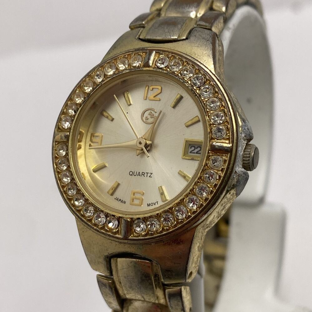 Womens Vintage Gold Rhinestone Watch Worn Works New Battery